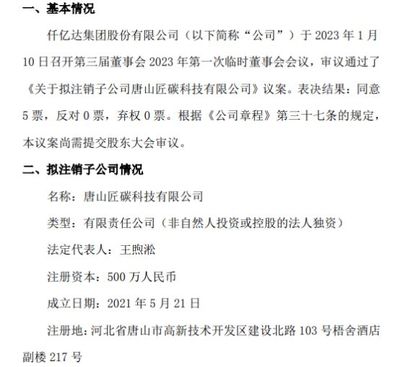 仟億達擬注銷子公司唐山匠碳科技，優化銷售代理布局